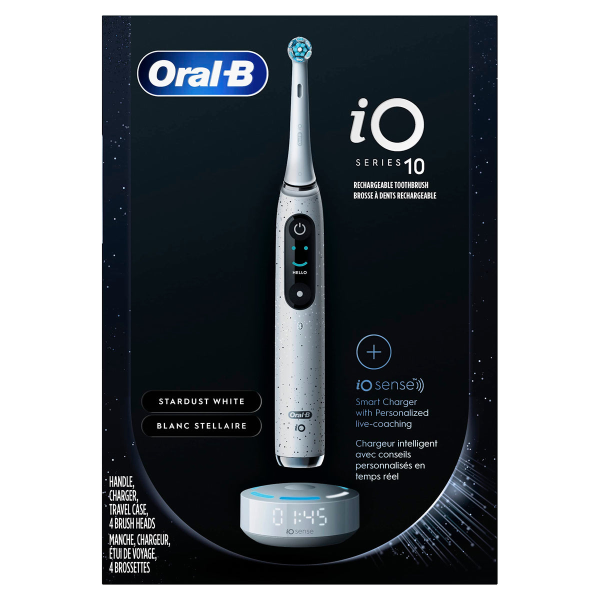 Oral-B • iO Series 10 • Rechargeable Electric Toothbrush with Visible Pressure Sensor to Protect Gums • 2 Min Timer • 2 Colors • 7 Cleaning Settings • 4 Replacement Toothbrush Heads • Charging Travel • White 1 Count (Pack of 1)