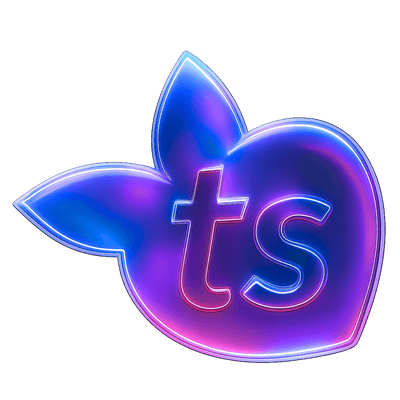 Neon blue and pink logo with 'ts' inside a leaf-like shape on a dark background