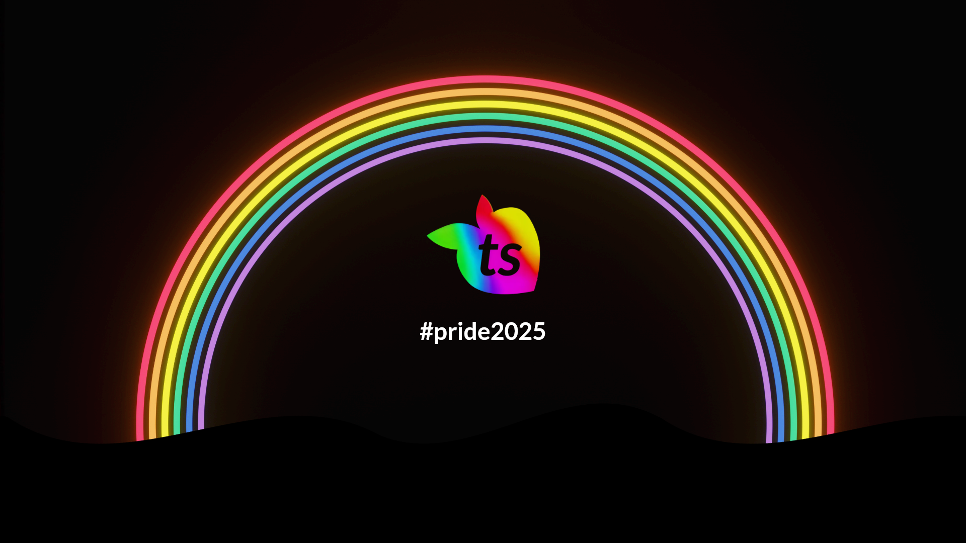 Neon rainbow arch with a logo and '#pride2025' text on a black background