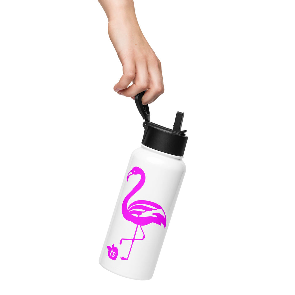 tsgabrielle® • Flamant Rose • Water Bottle with a Straw Lid • Stainless Steel • White • 950 ml