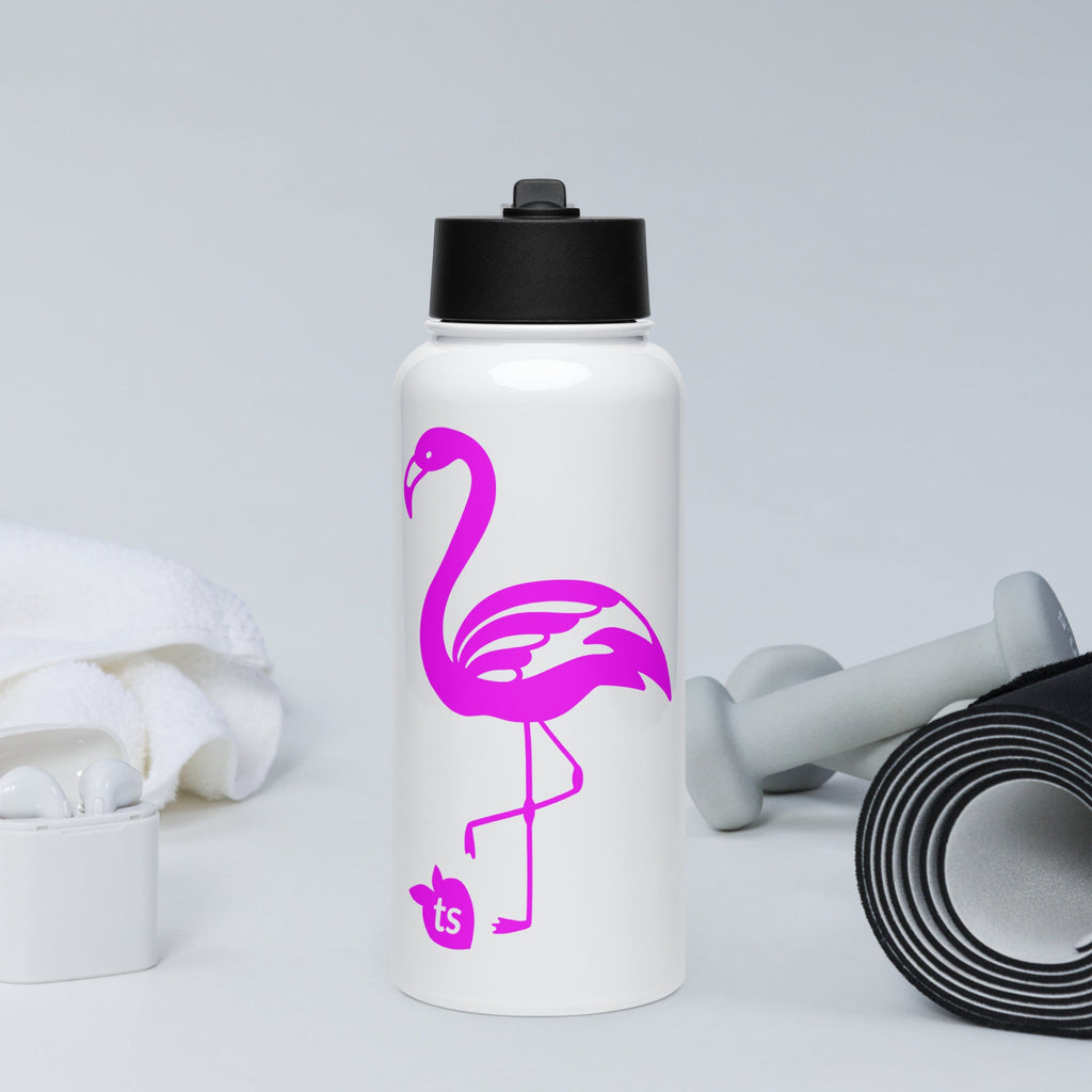 tsgabrielle® • Flamant Rose • Water Bottle with a Straw Lid • Stainless Steel • White • 950 ml