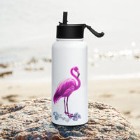 tsgabrielle® • Flamant 🦩 Rose • Water Bottle with Straw Lid • Stainless Steel • White • 32 oz •