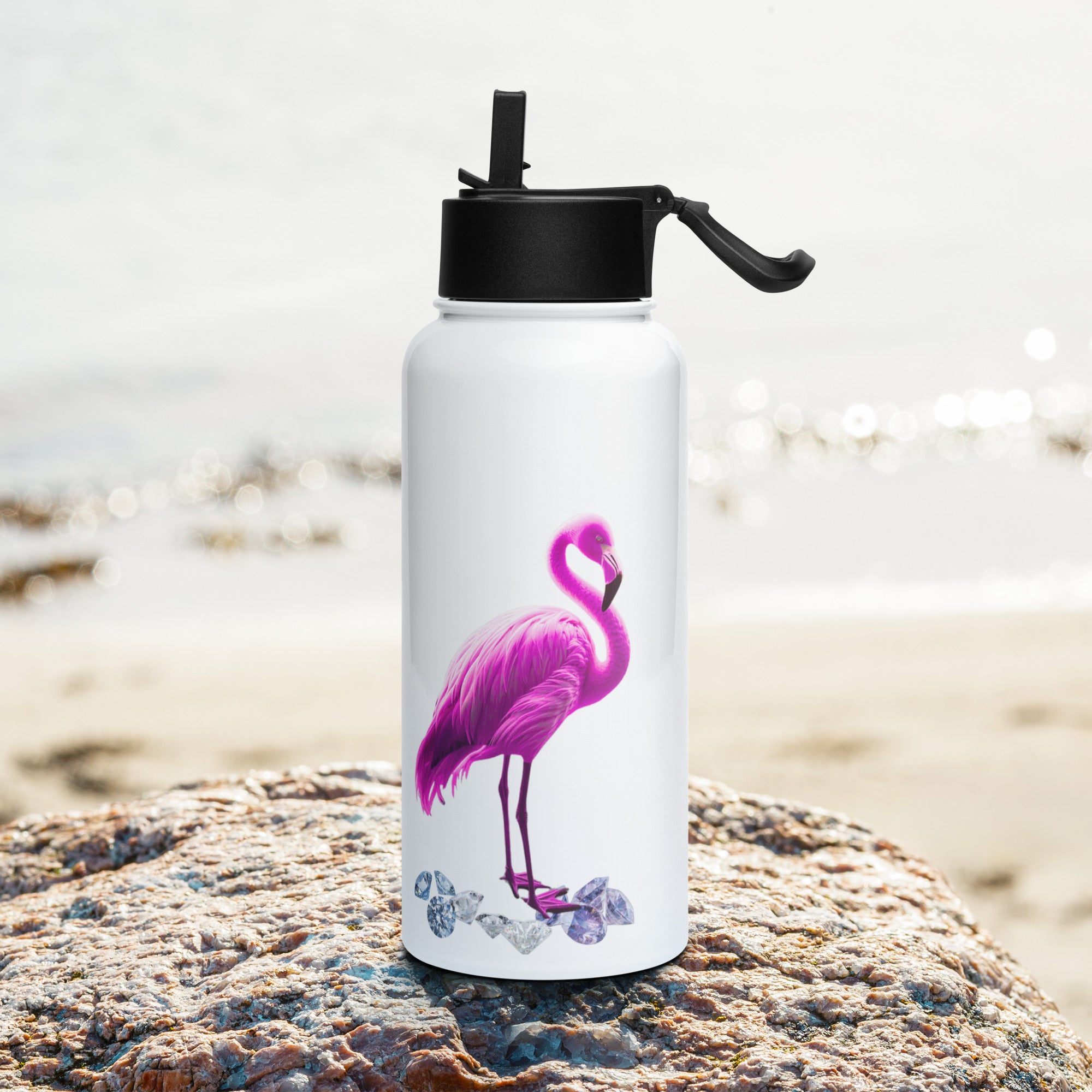 tsgabrielle® • Flamant 🦩 Rose • Water Bottle with Straw Lid • Stainless Steel • White • 32 oz •