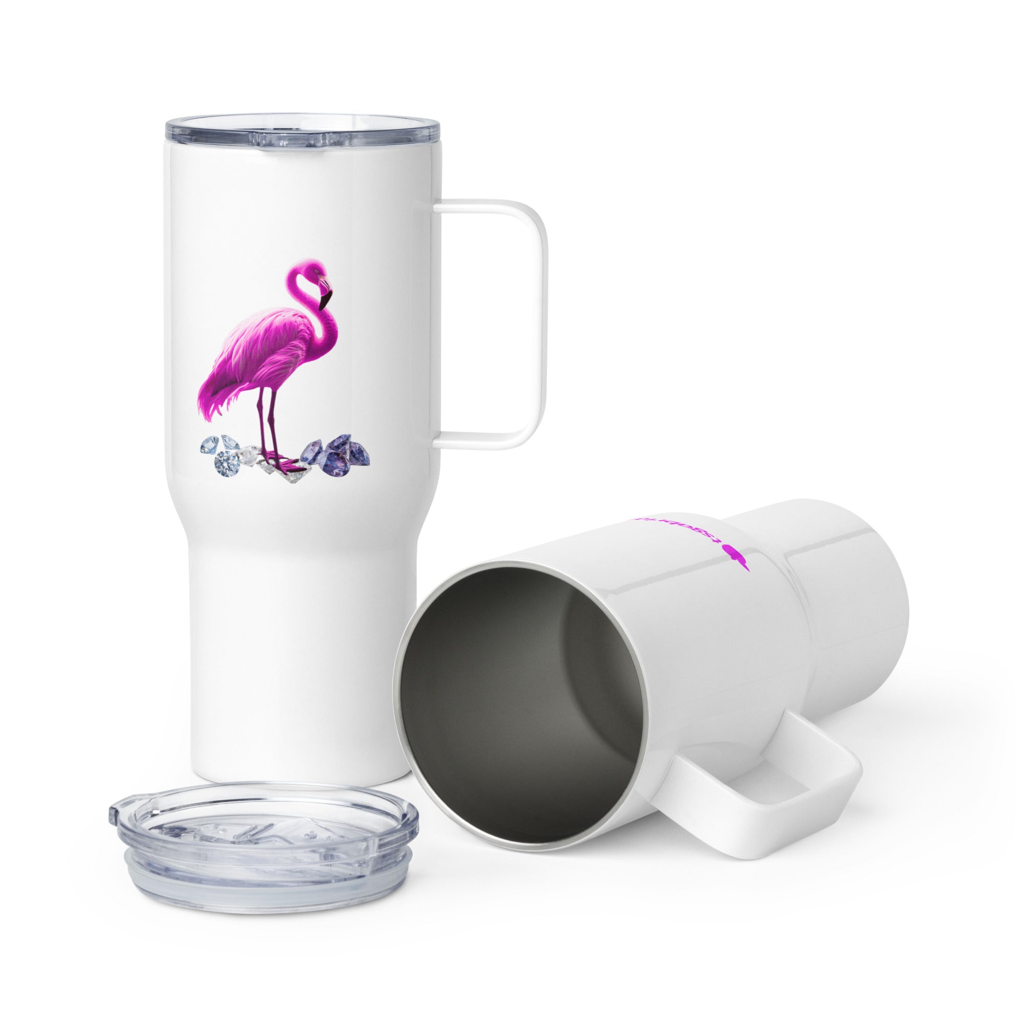 tsgabrielle® • Flamant 🦩 Rose • Travel Mug with a Handle • 2 Sizes • 25 oz White Stainless steel