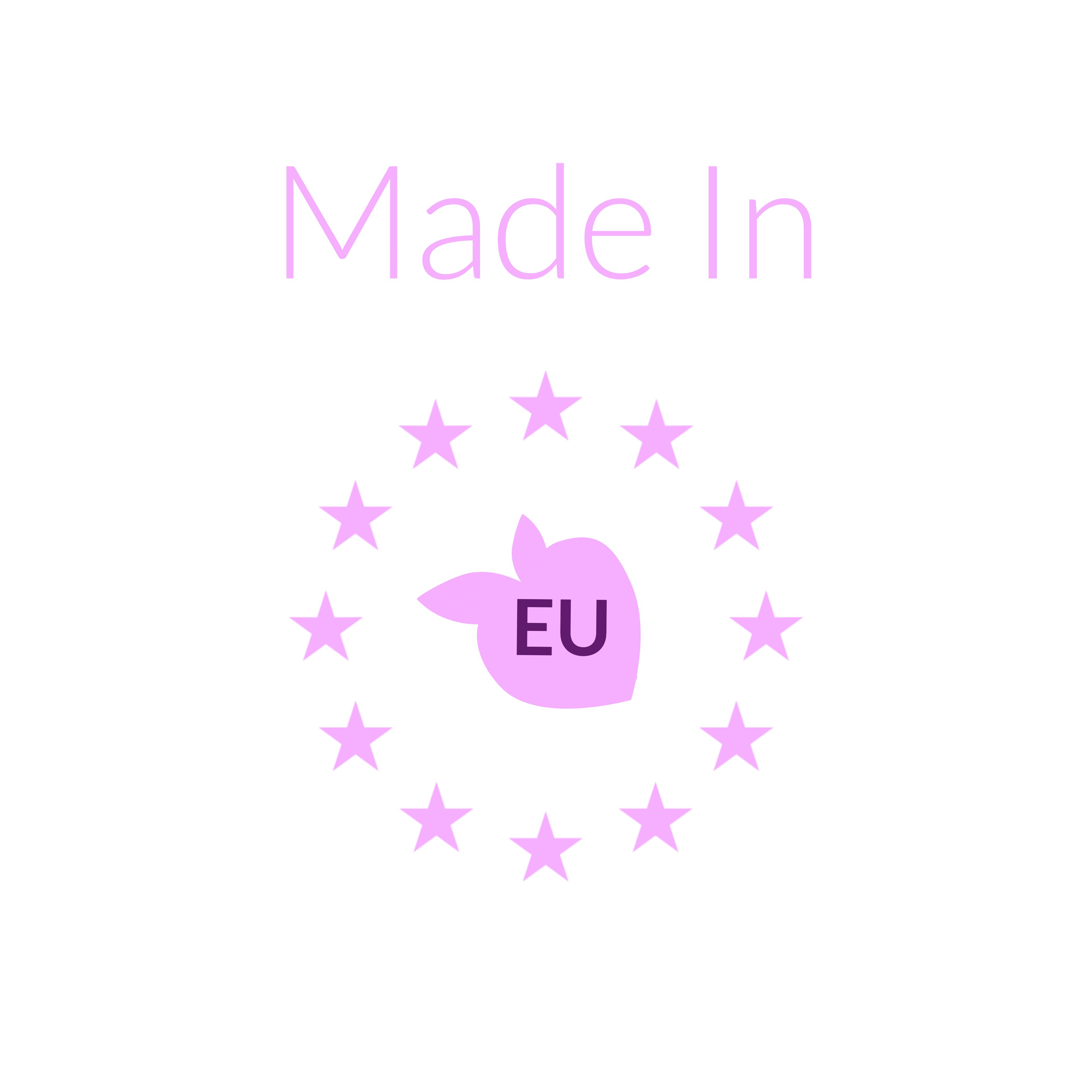 Pink 'Made in EU' logo with stars on a white background