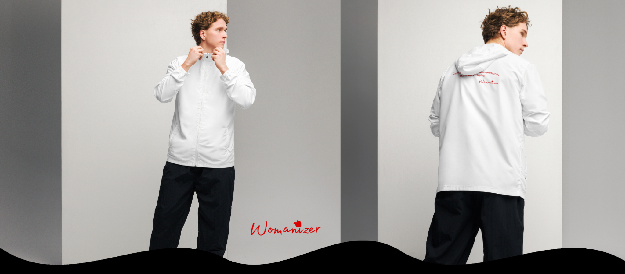 Person wearing a white hoodie and black pants standing against a gray and white striped background with 'Womarizer' branding.